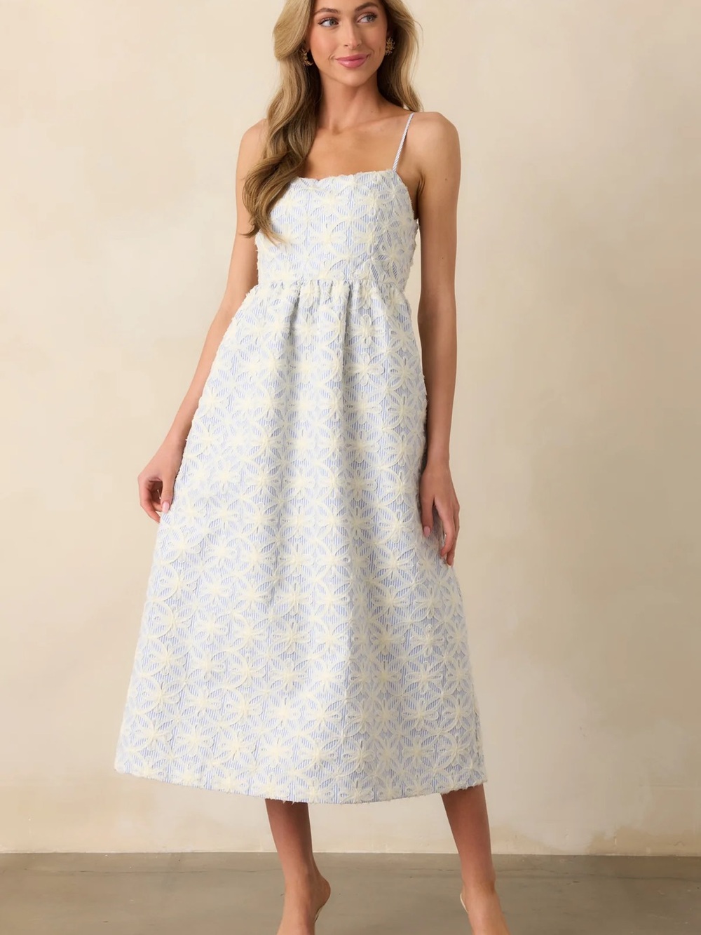 Red Dress Boutique Light Blue Stripe Floral Appliqué Midi Dress